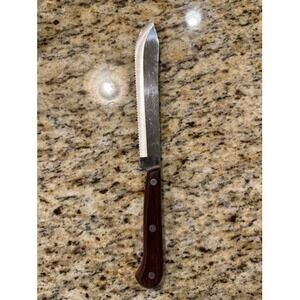 Vintage Medallion Serrated Edge‎ Butcher Knife Stainless Steel Japan Wood Handle
